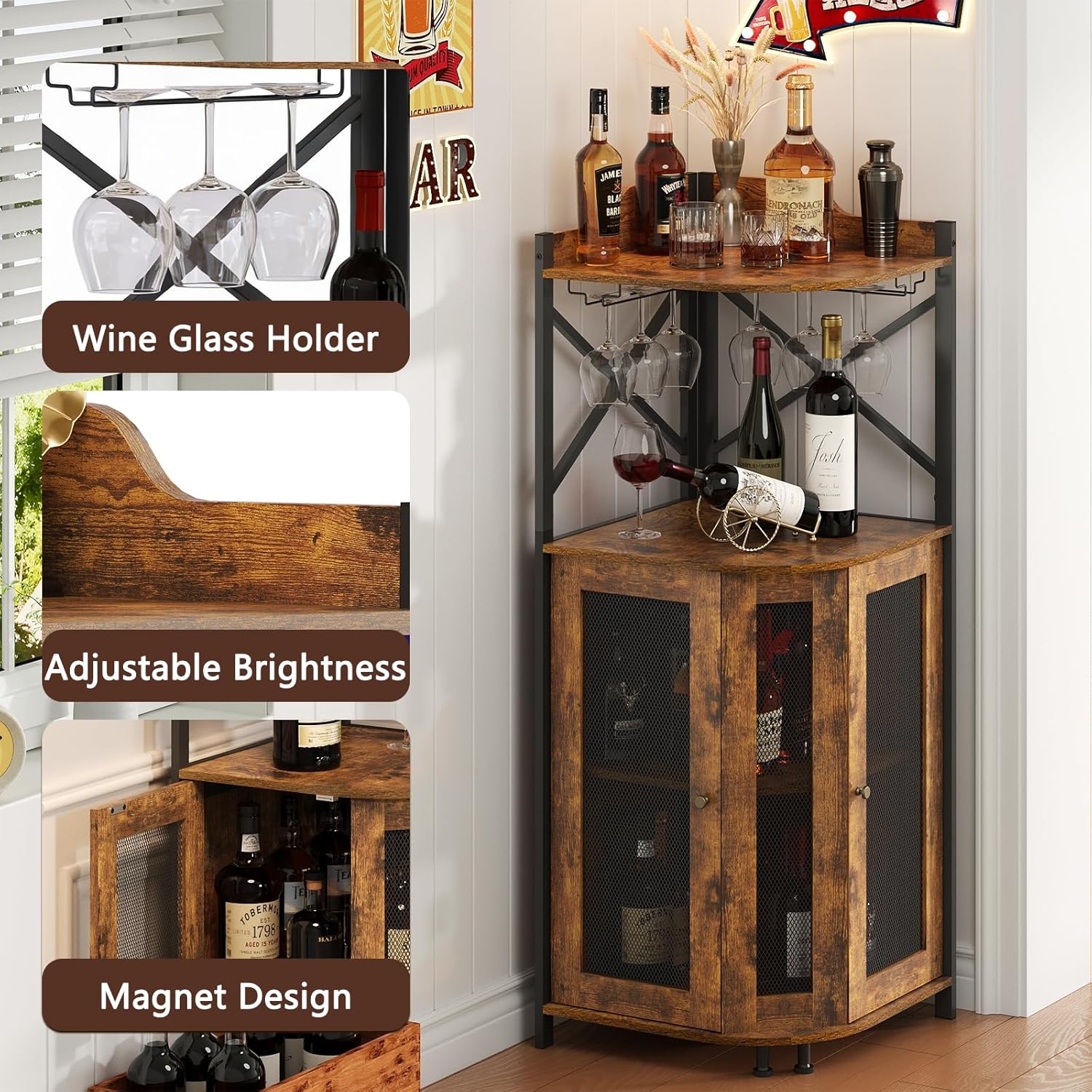 Corner LED Bar Cabinet with Gl - Home Bar Shelves 리뷰 및 가격